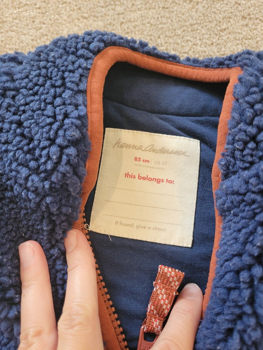 Hanna Andersson Kids Blue Sherpa Vest with Rust Trim Size 2T - Picture 3 of 4